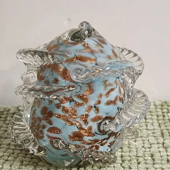 Signed Murano Art Glass Paperweight Aventurine Aqua Gold Flecks Camer Italy